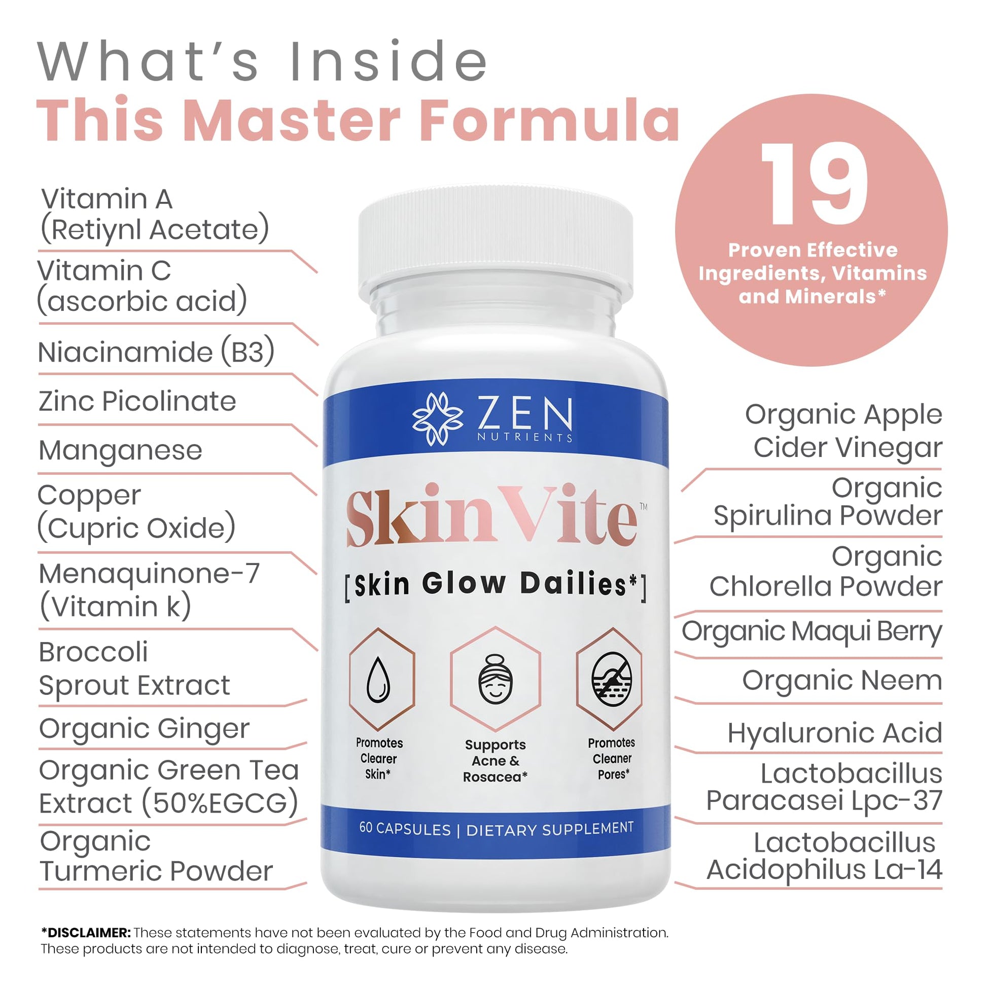 Zen Nutrients SkinVite Natural Skin Supplement for Women, Men & Teens - Hormonal Breakouts & Clear Skin Support Supplement - Detoxifying Vitamin for Acne and Digestion Support - dailyvitalstore