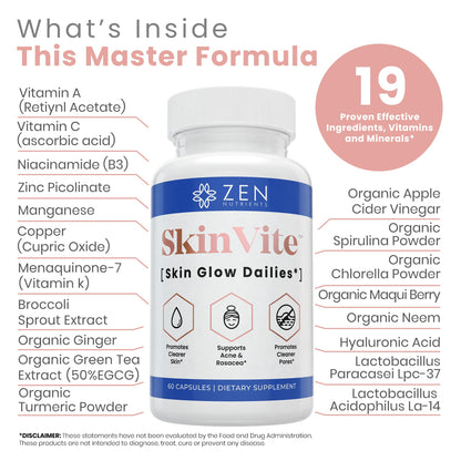 Zen Nutrients SkinVite Natural Skin Supplement for Women, Men & Teens - Hormonal Breakouts & Clear Skin Support Supplement - Detoxifying Vitamin for Acne and Digestion Support - dailyvitalstore