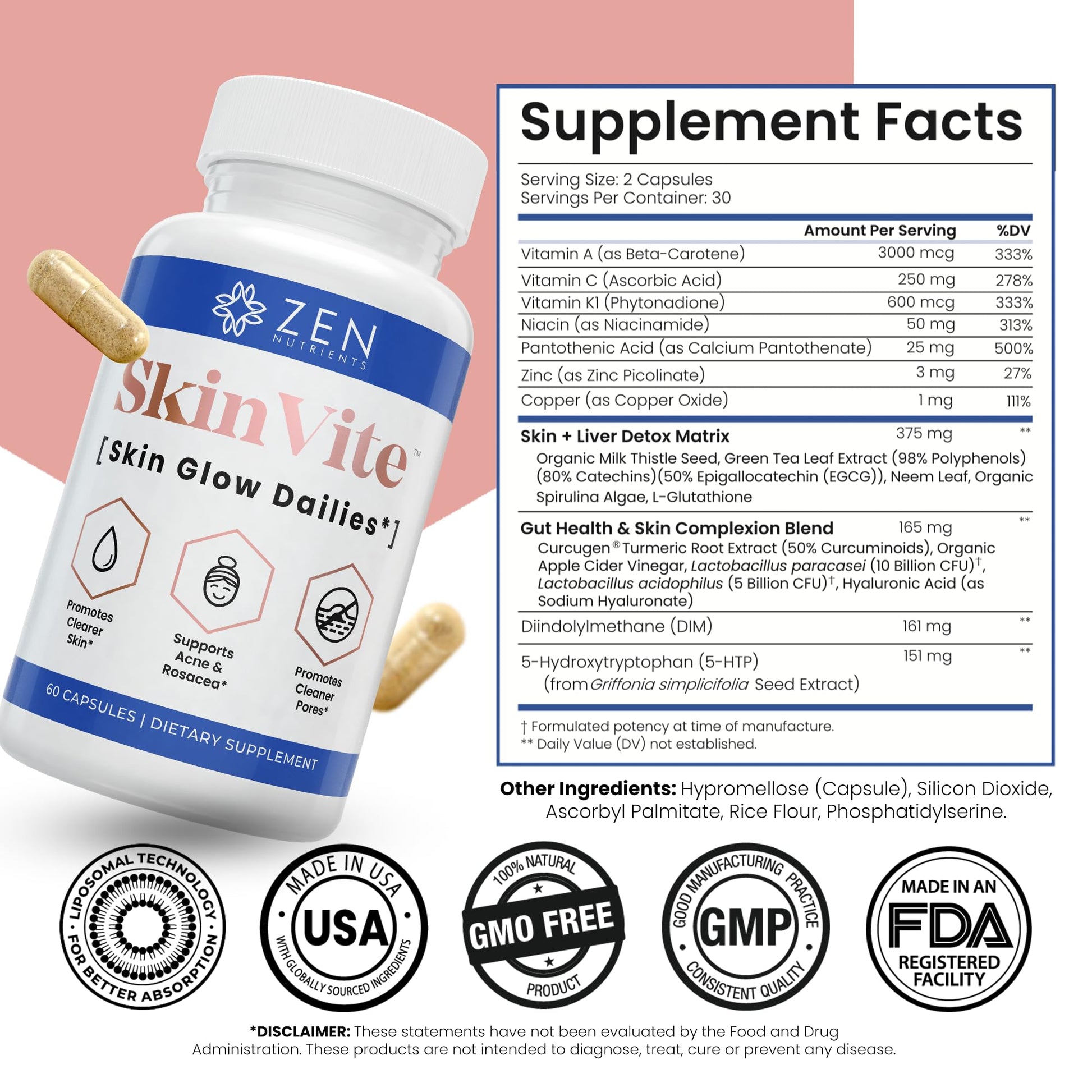 Zen Nutrients SkinVite Natural Skin Supplement for Women, Men & Teens - Hormonal Breakouts & Clear Skin Support Supplement - Detoxifying Vitamin for Acne and Digestion Support - dailyvitalstore