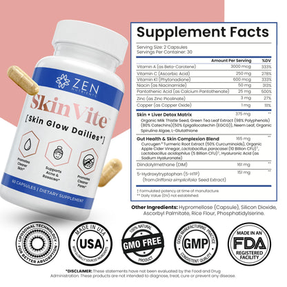 Zen Nutrients SkinVite Natural Skin Supplement for Women, Men & Teens - Hormonal Breakouts & Clear Skin Support Supplement - Detoxifying Vitamin for Acne and Digestion Support - dailyvitalstore