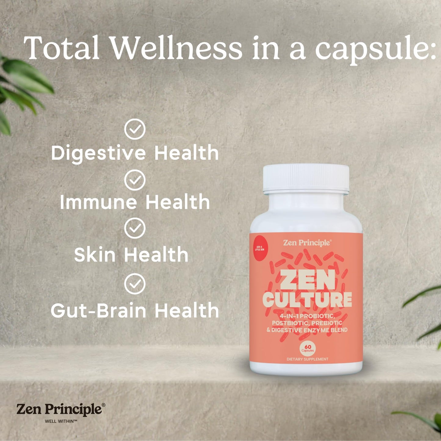 Zen Principle Zenculture™ – 4-in-1 Synbiotic Supplement (Probiotic + Prebiotic + Postbiotic + Digestive Enzymes) with CoreBiome®. Anti Bloating - dailyvitalstore