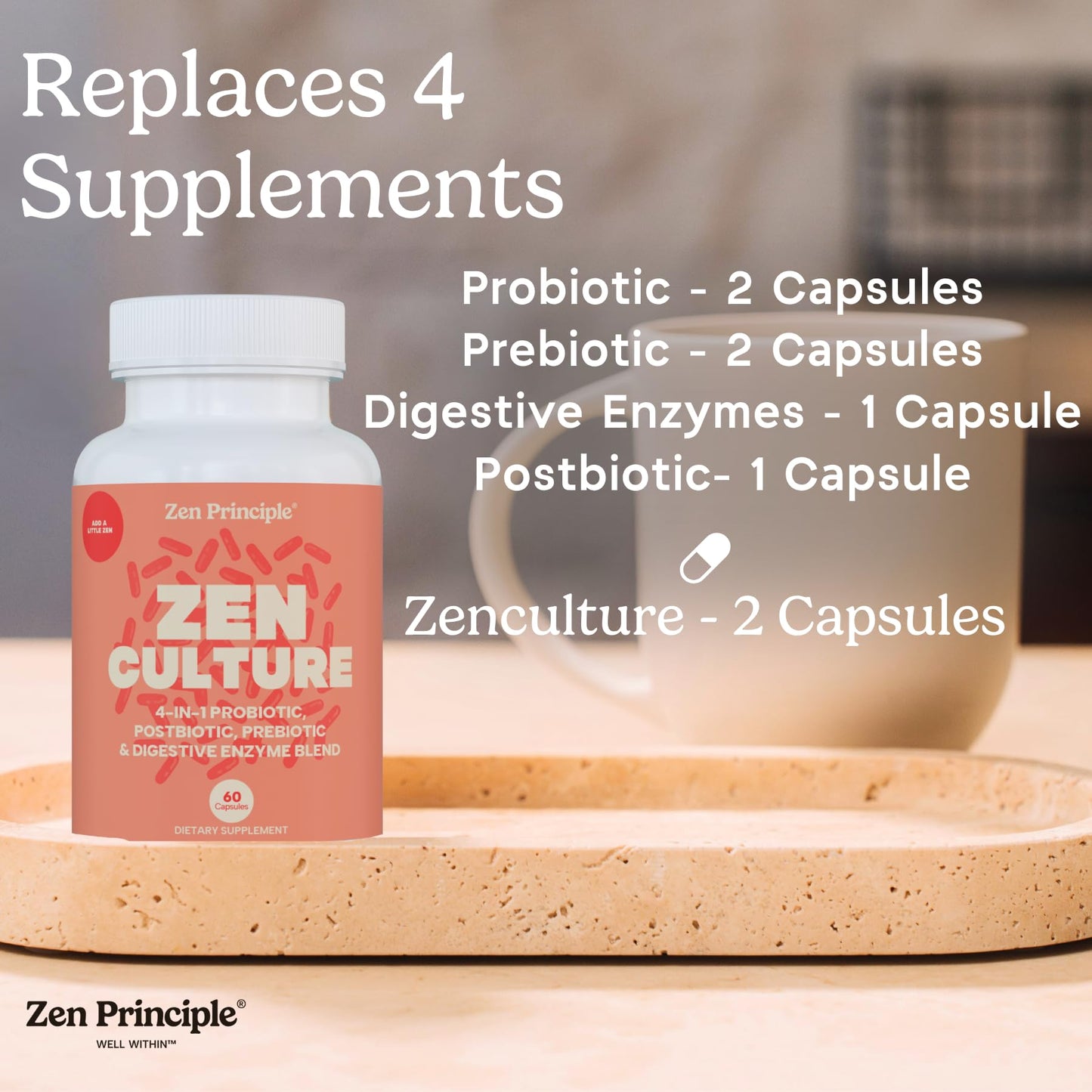 Zen Principle Zenculture™ – 4-in-1 Synbiotic Supplement (Probiotic + Prebiotic + Postbiotic + Digestive Enzymes) with CoreBiome®. Anti Bloating, - dailyvitalstore