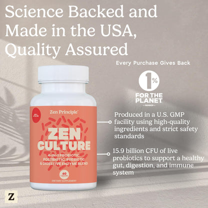 Zen Principle Zenculture™ – 4-in-1 Synbiotic Supplement (Probiotic + Prebiotic + Postbiotic + Digestive Enzymes) with CoreBiome®. Anti Bloating - dailyvitalstore