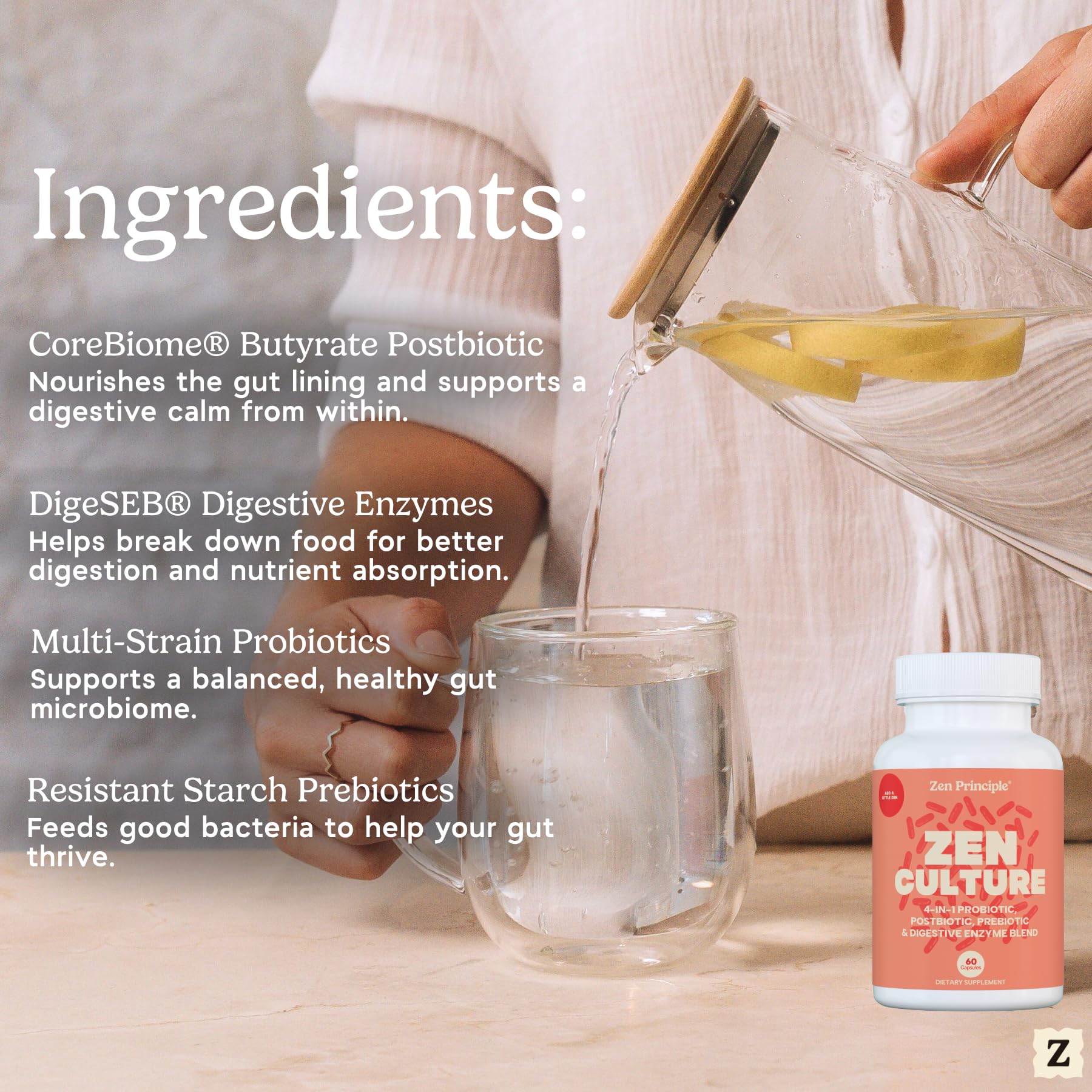Zen Principle Zenculture™ – 4-in-1 Synbiotic Supplement (Probiotic + Prebiotic + Postbiotic + Digestive Enzymes) with CoreBiome®. Anti Bloating, - dailyvitalstore