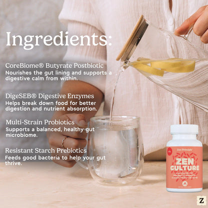 Zen Principle Zenculture™ – 4-in-1 Synbiotic Supplement (Probiotic + Prebiotic + Postbiotic + Digestive Enzymes) with CoreBiome®. Anti Bloating - dailyvitalstore