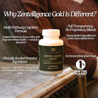 Zen Principle Zentelligence™ Gold Brain Supplement – Memory, Focus & Mental Clarity. Premium Cognitive Support for Adults 40+ with Magnesium, Vitamin D3, CoQ10, Vitamin B12 & L-Theanine. 60 Capsules - dailyvitalstore