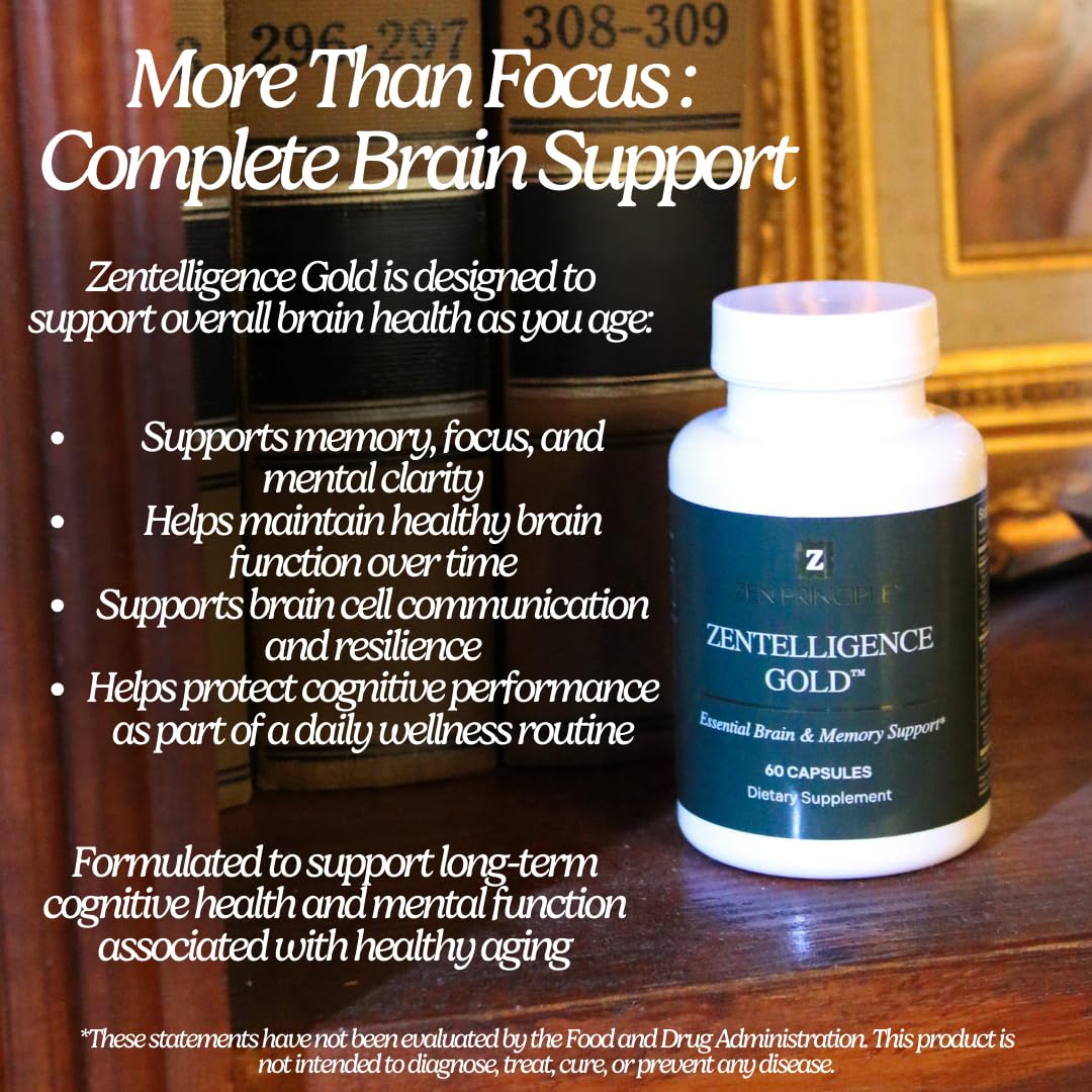 Zen Principle Zentelligence™ Gold Brain Supplement – Memory, Focus & Mental Clarity. Premium Cognitive Support for Adults 40+ with Magnesium, Vitamin D3, CoQ10, Vitamin B12 & L-Theanine. 60 Capsules - dailyvitalstore