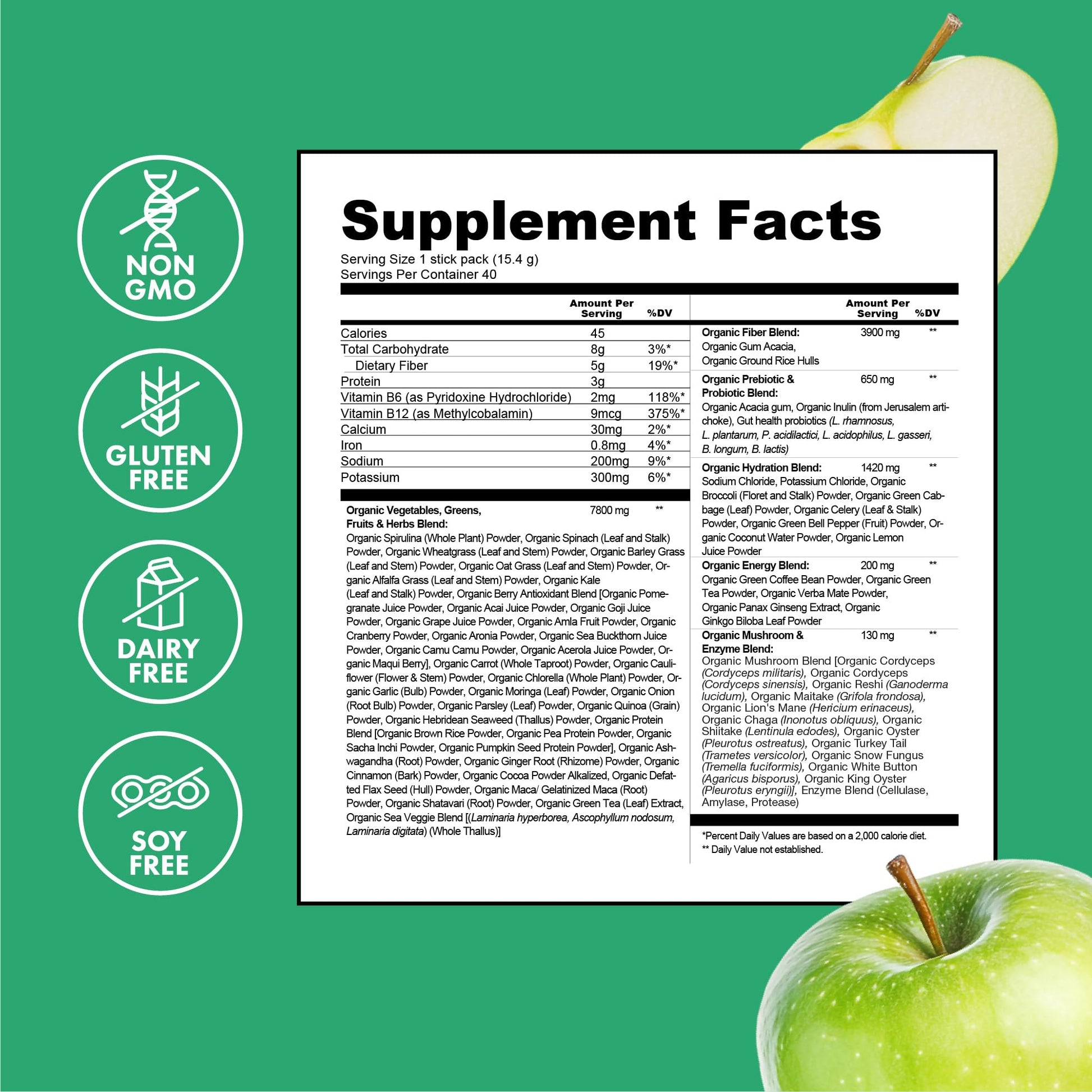Zena Nutrition Organic Super Greens Energy & Hydration Powder, 70+ Superfoods, 0 Sugar, 5G Fiber, Spirulina, Chlorella, Prebiotics/Probiotics, Natural Caffeine + Electrolytes, 40 Drink Mix Packets - dailyvitalstore