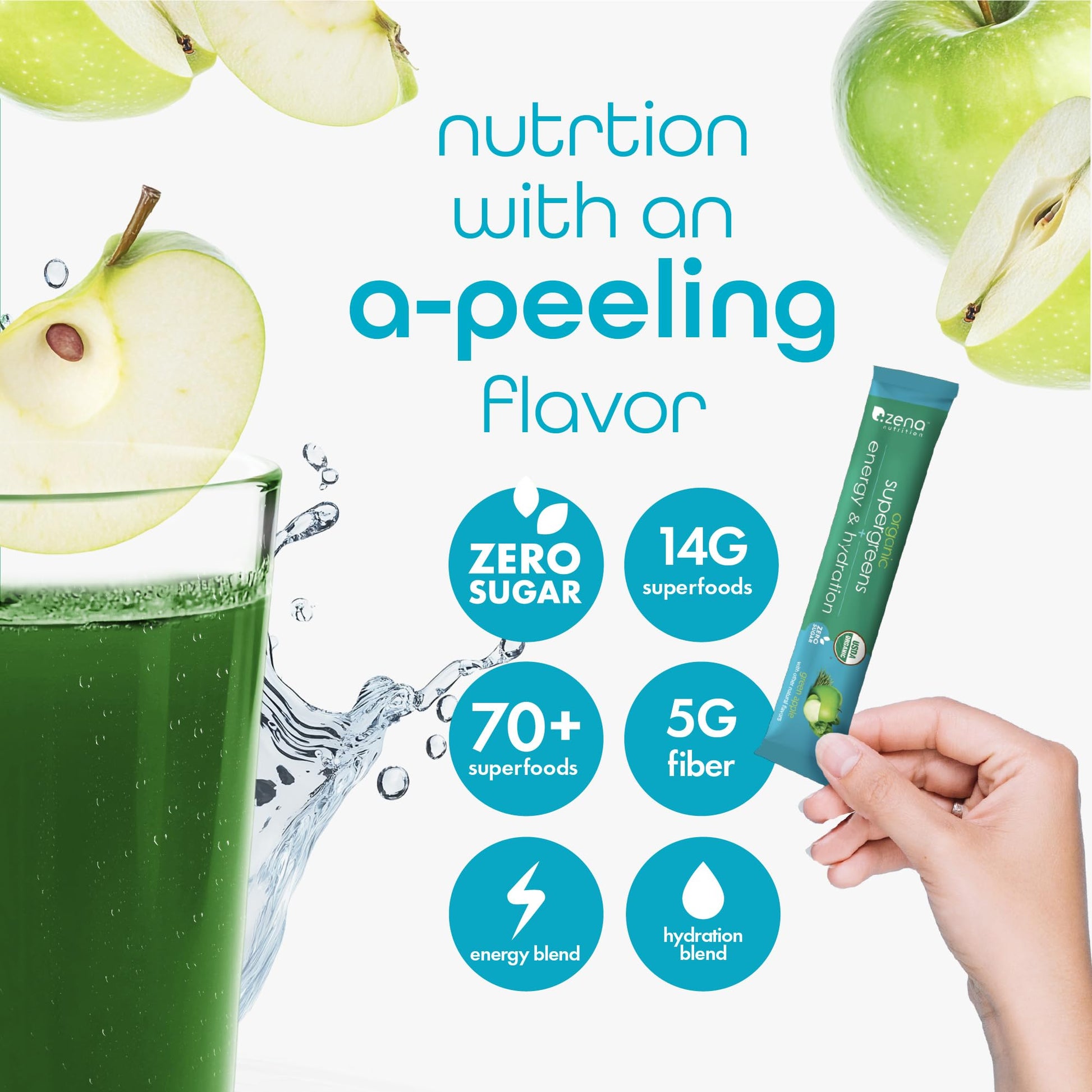 Zena Nutrition Organic Super Greens Energy & Hydration Powder, 70+ Superfoods, 0 Sugar, 5G Fiber, Spirulina, Chlorella, Prebiotics/Probiotics, Natural Caffeine + Electrolytes, 40 Drink Mix Packets - dailyvitalstore
