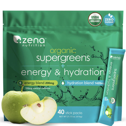 Zena Nutrition Organic Super Greens Energy & Hydration Powder, 70+ Superfoods, 0 Sugar, 5G Fiber, Spirulina, Chlorella, Prebiotics/Probiotics, Natural Caffeine + Electrolytes, 40 Drink Mix Packets - dailyvitalstore