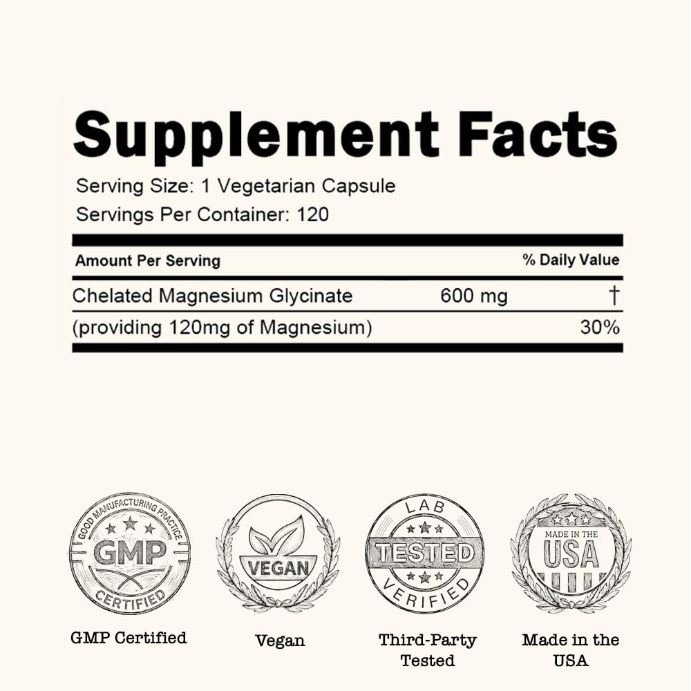 Zenium - Magnesium Glycinate for Sleep, Chelated, 600mg per Serving, 120 Capsules | High Absorption | Relieve Tension, Worry, Nervousness | Calm The Mind & Body | Ayurvedic | Natural Relief Supplement - dailyvitalstore