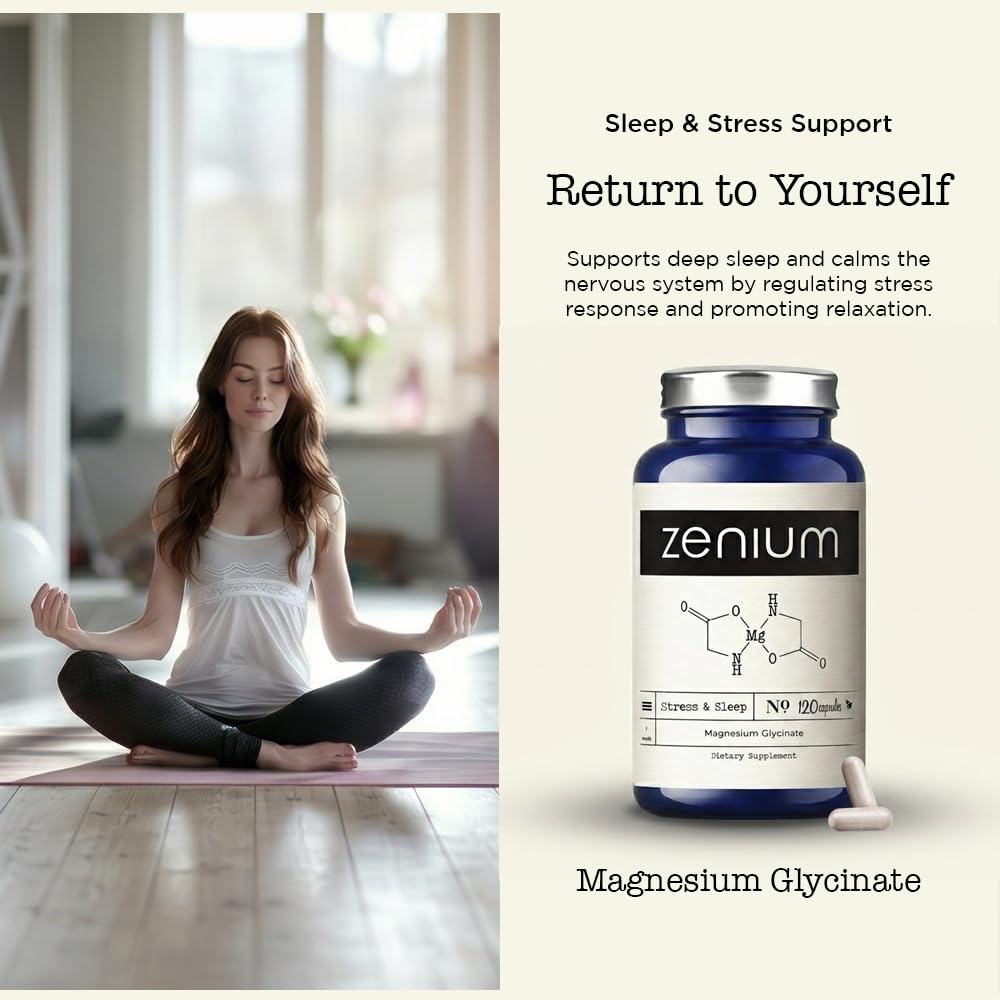 Zenium - Magnesium Glycinate for Sleep, Chelated, 600mg per Serving, 120 Capsules | High Absorption | Relieve Tension, Worry, Nervousness | Calm The Mind & Body | Ayurvedic | Natural Relief Supplement - dailyvitalstore