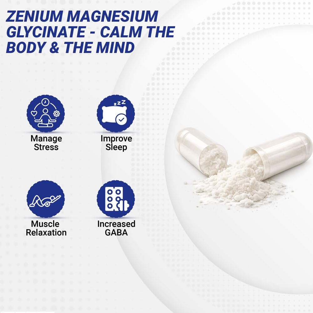 Zenium - Magnesium Glycinate for Sleep, Chelated, 600mg per Serving, 120 Capsules | High Absorption | Relieve Tension, Worry, Nervousness | Calm The Mind & Body | Ayurvedic | Natural Relief Supplement - dailyvitalstore