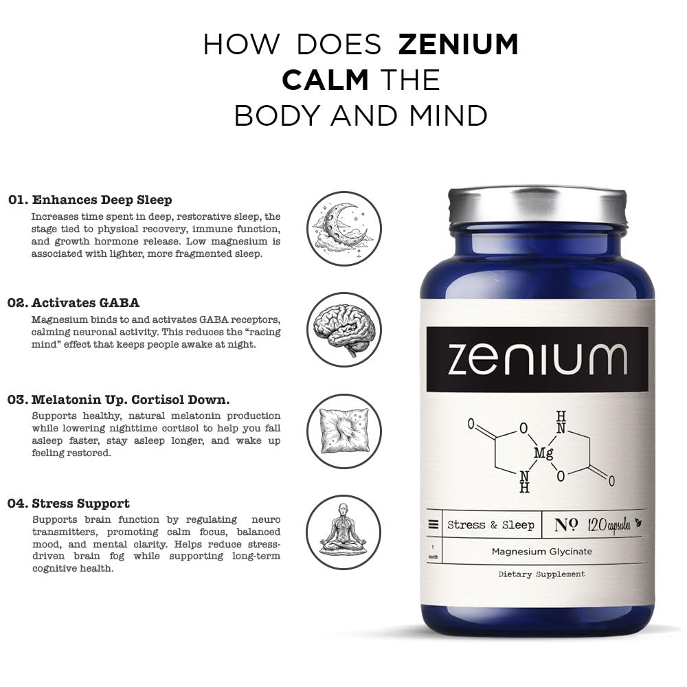 Zenium - Magnesium Glycinate for Sleep, Chelated, 600mg per Serving, 120 Capsules | High Absorption | Relieve Tension, Worry, Nervousness | Calm The Mind & Body | Ayurvedic | Natural Relief Supplement - dailyvitalstore