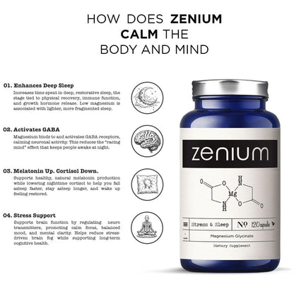 Zenium - Magnesium Glycinate for Sleep, Chelated, 600mg per Serving, 120 Capsules | High Absorption | Relieve Tension, Worry, Nervousness | Calm The Mind & Body | Ayurvedic | Natural Relief Supplement - dailyvitalstore