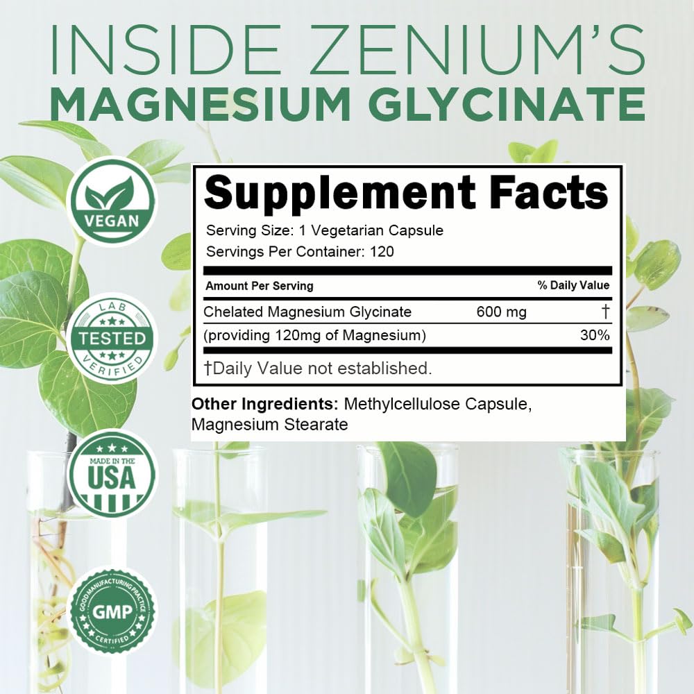 Zenium - Magnesium Glycinate for Sleep, Chelated, 600mg per Serving, 120 Capsules | High Absorption | Relieve Tension, Worry, Nervousness | Calm The Mind & Body | Ayurvedic | Natural Relief Supplement - dailyvitalstore