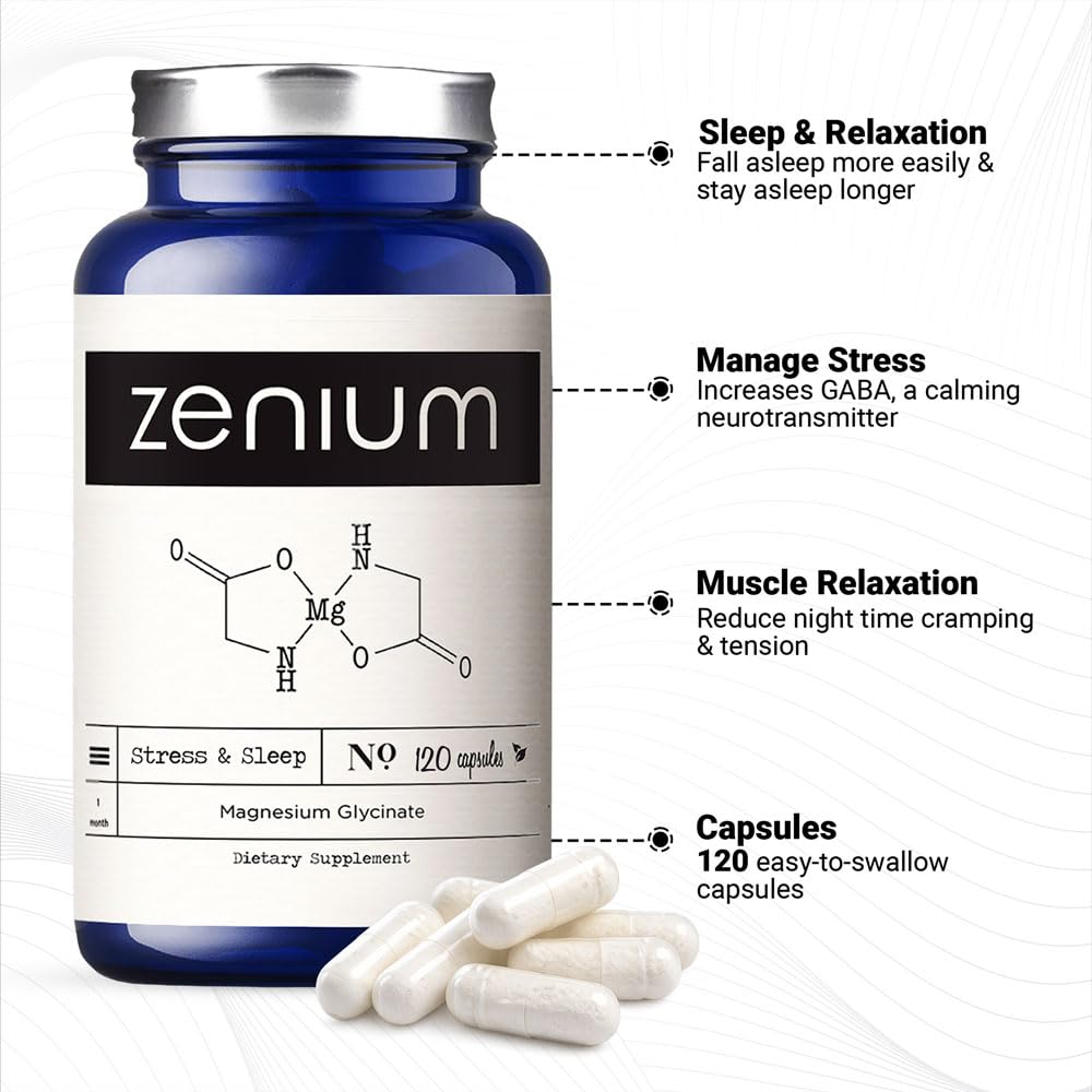 Zenium - Magnesium Glycinate for Sleep, Chelated, 600mg per Serving, 120 Capsules | High Absorption | Relieve Tension, Worry, Nervousness | Calm The Mind & Body | Ayurvedic | Natural Relief Supplement - dailyvitalstore