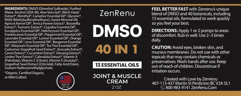 Zenrenu DMSO Cream 99.995% Pure Pharmaceutical Grade - 40-in-1 Advanced Formula -12 Essential Oils, Arnica, Aloe Vera, MSM - Fast-Absorbing Cream – 2 oz Glass Pump Bottle – Made in USA - dailyvitalstore