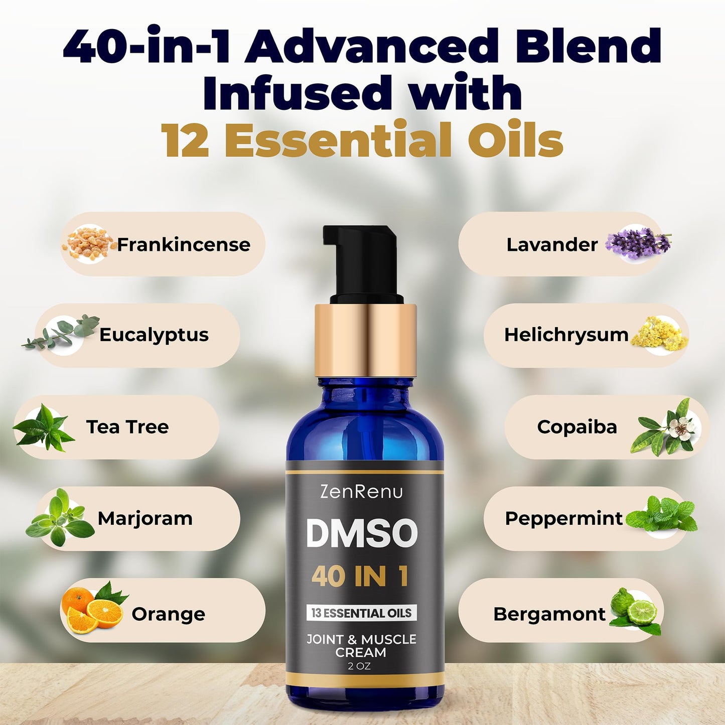 Zenrenu DMSO Cream 99.995% Pure Pharmaceutical Grade - 40-in-1 Advanced Formula -12 Essential Oils, Arnica, Aloe Vera, MSM - Fast-Absorbing Cream – 2 oz Glass Pump Bottle – Made in USA - dailyvitalstore