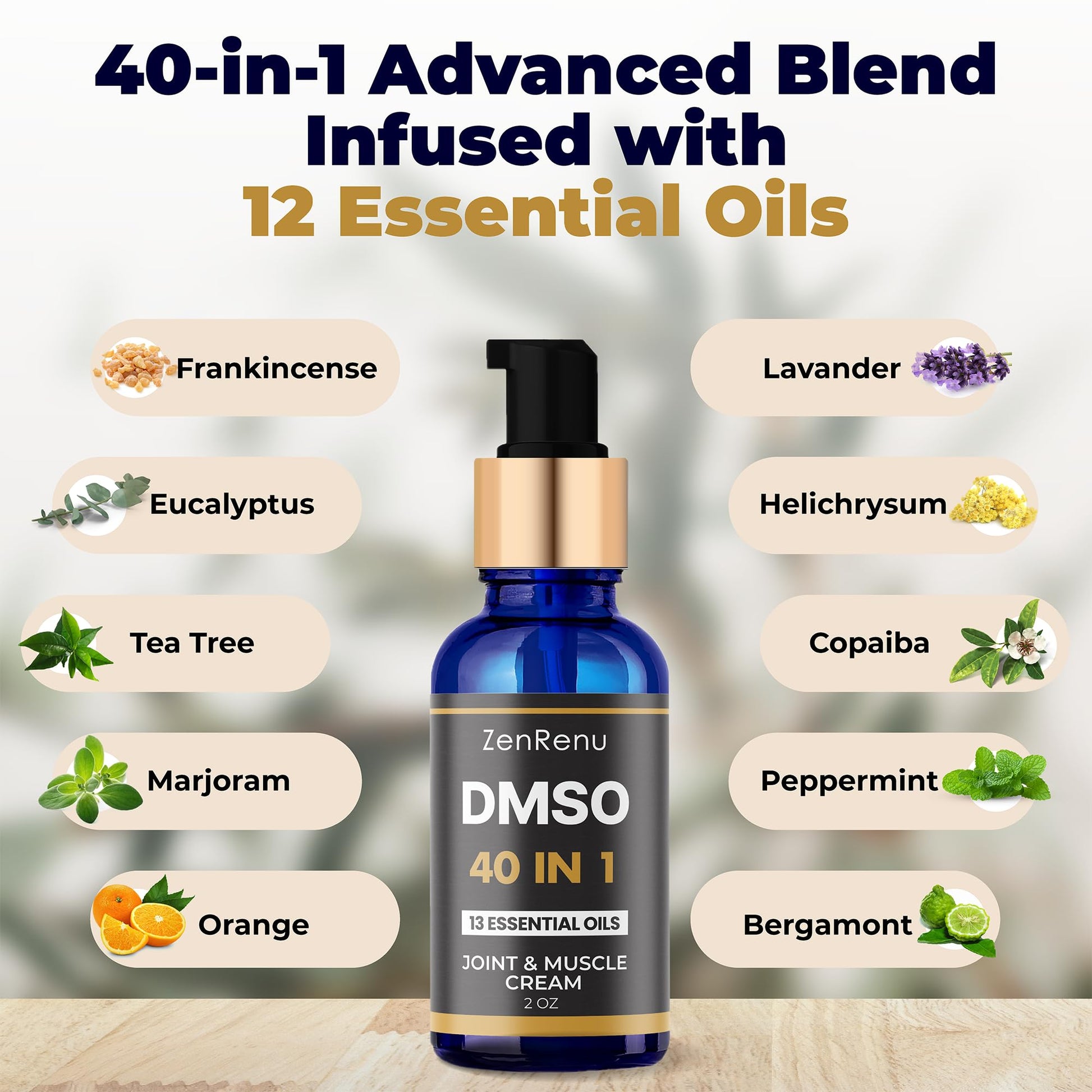 Zenrenu DMSO Cream 99.995% Pure Pharmaceutical Grade - 40-in-1 Advanced Formula -12 Essential Oils, Arnica, Aloe Vera, MSM - Fast-Absorbing Cream – 2 oz Glass Pump Bottle – Made in USA - dailyvitalstore