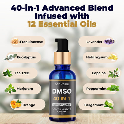 Zenrenu DMSO Cream 99.995% Pure Pharmaceutical Grade - 40-in-1 Advanced Formula -12 Essential Oils, Arnica, Aloe Vera, MSM - Fast-Absorbing Cream – 2 oz Glass Pump Bottle – Made in USA - dailyvitalstore