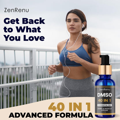 Zenrenu DMSO Cream 99.995% Pure Pharmaceutical Grade - 40-in-1 Advanced Formula -12 Essential Oils, Arnica, Aloe Vera, MSM - Fast-Absorbing Cream – 2 oz Glass Pump Bottle – Made in USA - dailyvitalstore