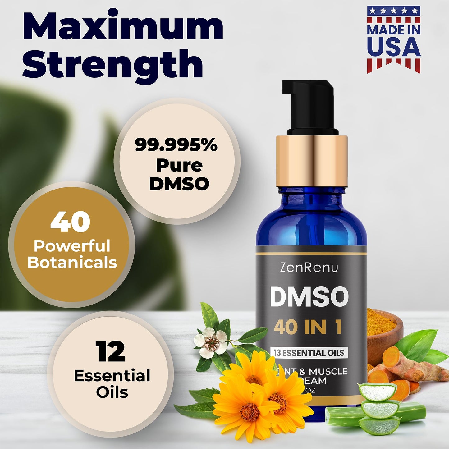 Zenrenu DMSO Cream 99.995% Pure Pharmaceutical Grade - 40-in-1 Advanced Formula -12 Essential Oils, Arnica, Aloe Vera, MSM - Fast-Absorbing Cream – 2 oz Glass Pump Bottle – Made in USA - dailyvitalstore