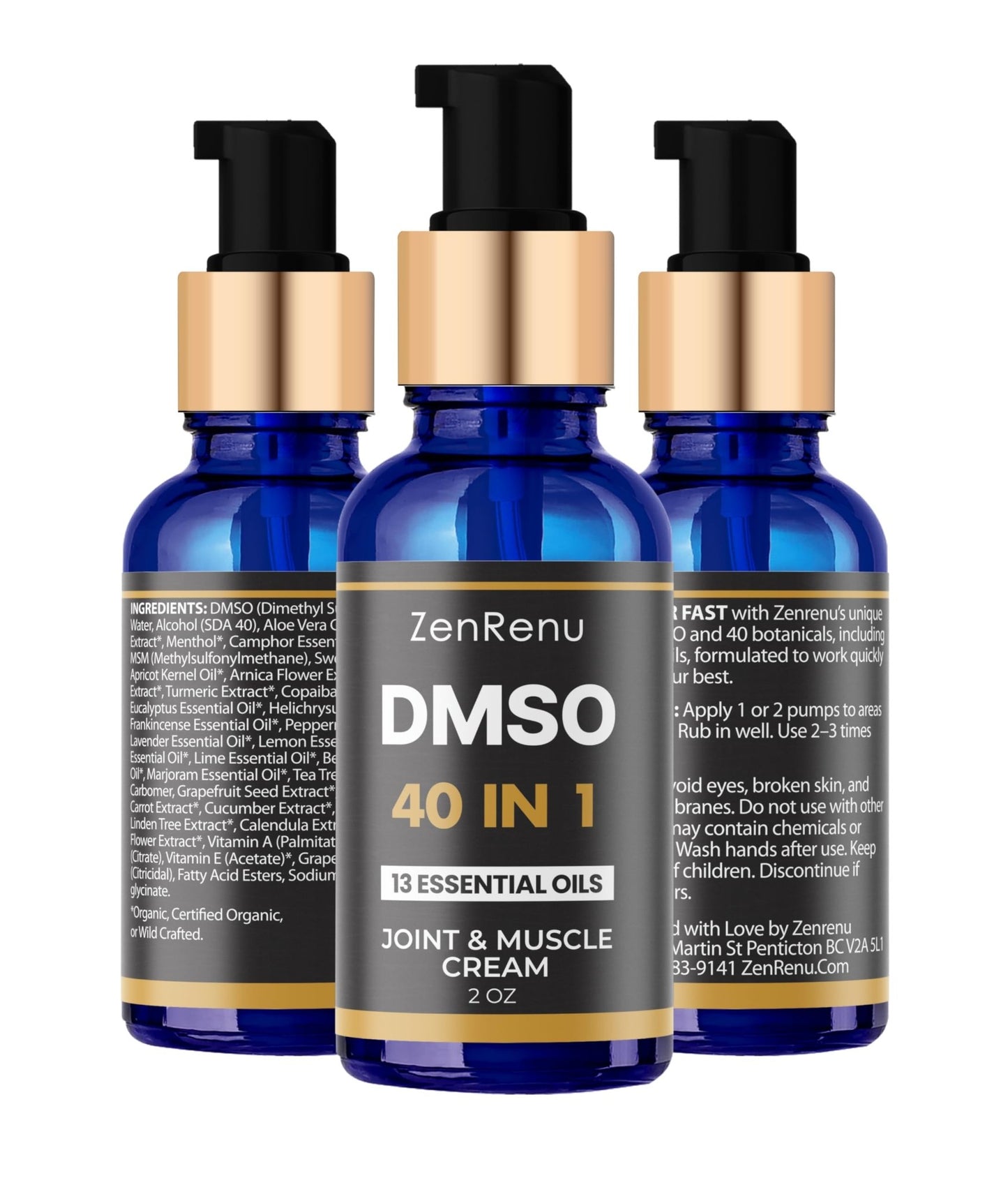Zenrenu DMSO Cream 99.995% Pure Pharmaceutical Grade - 40-in-1 Advanced Formula -12 Essential Oils, Arnica, Aloe Vera, MSM - Fast-Absorbing Cream – 2 oz Glass Pump Bottle – Made in USA - dailyvitalstore
