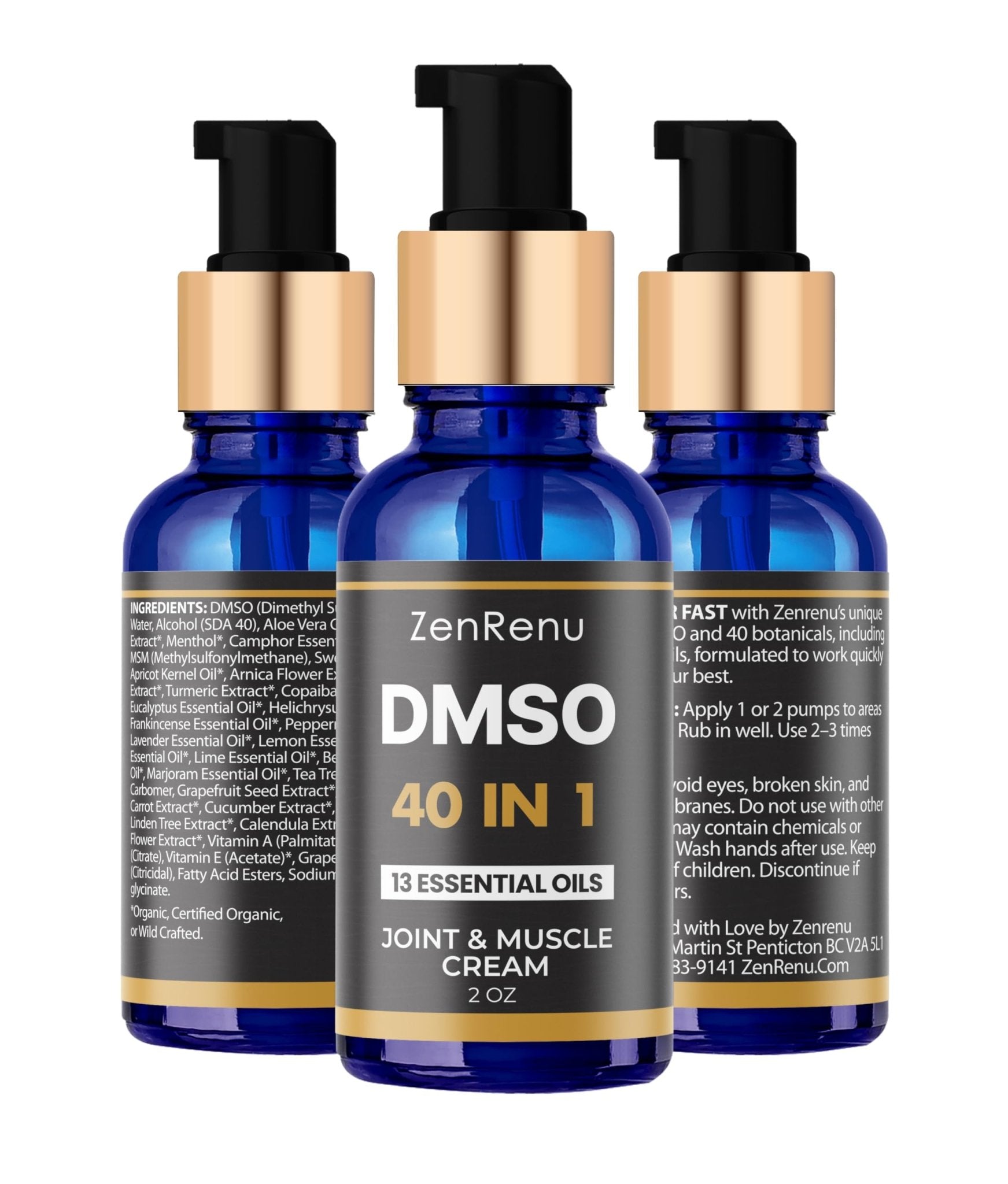 Zenrenu DMSO Cream 99.995% Pure Pharmaceutical Grade - 40-in-1 Advanced Formula -12 Essential Oils, Arnica, Aloe Vera, MSM - Fast-Absorbing Cream – 2 oz Glass Pump Bottle – Made in USA - dailyvitalstore