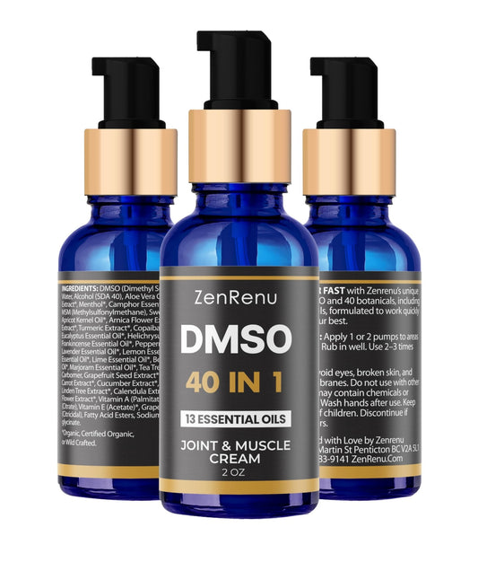 Zenrenu DMSO Cream 99.995% Pure Pharmaceutical Grade - 40-in-1 Advanced Formula -12 Essential Oils, Arnica, Aloe Vera, MSM - Fast-Absorbing Cream – 2 oz Glass Pump Bottle – Made in USA - dailyvitalstore