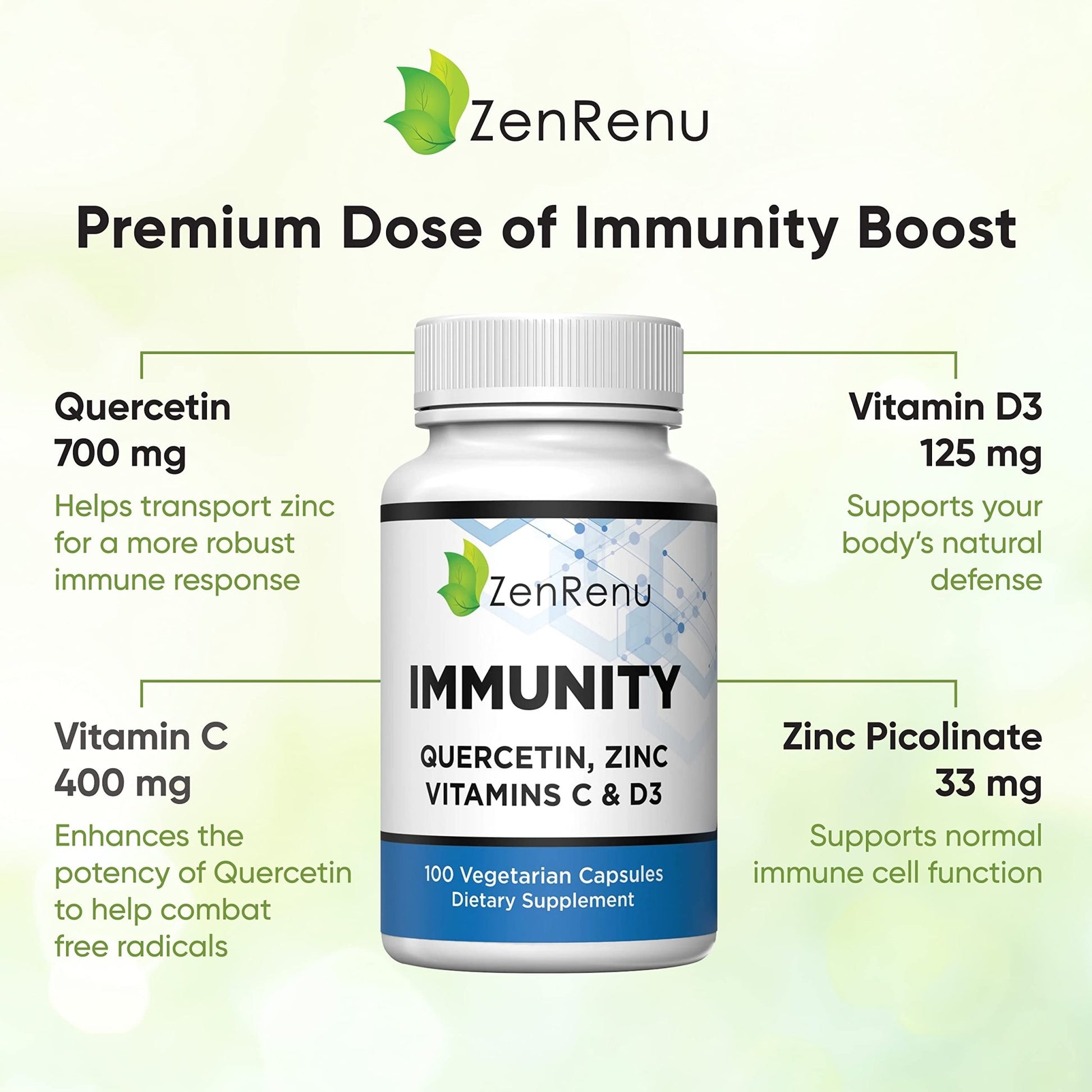 Zenrenu Immunity Quercetin 700 mg Zinc Vitamin C Vitamin D Immune Support Supplement with Curcumin - Easy to Absorb Immunity Supplement, 100 Vegetarian Capsules 50 Day Supply - dailyvitalstore