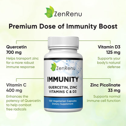 Zenrenu Immunity Quercetin 700 mg Zinc Vitamin C Vitamin D Immune Support Supplement with Curcumin - Easy to Absorb Immunity Supplement, 100 Vegetarian Capsules 50 Day Supply - dailyvitalstore