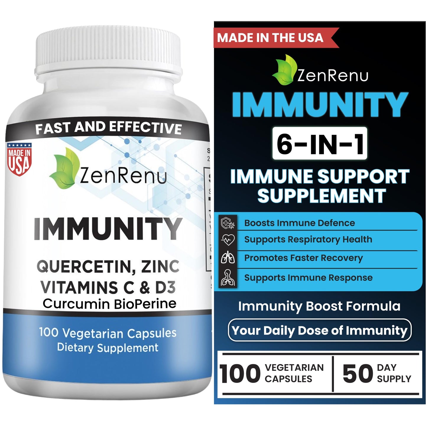 Zenrenu Immunity Quercetin 700 mg Zinc Vitamin C Vitamin D Immune Support Supplement with Curcumin - Easy to Absorb Immunity Supplement, 100 Vegetarian Capsules 50 Day Supply - dailyvitalstore