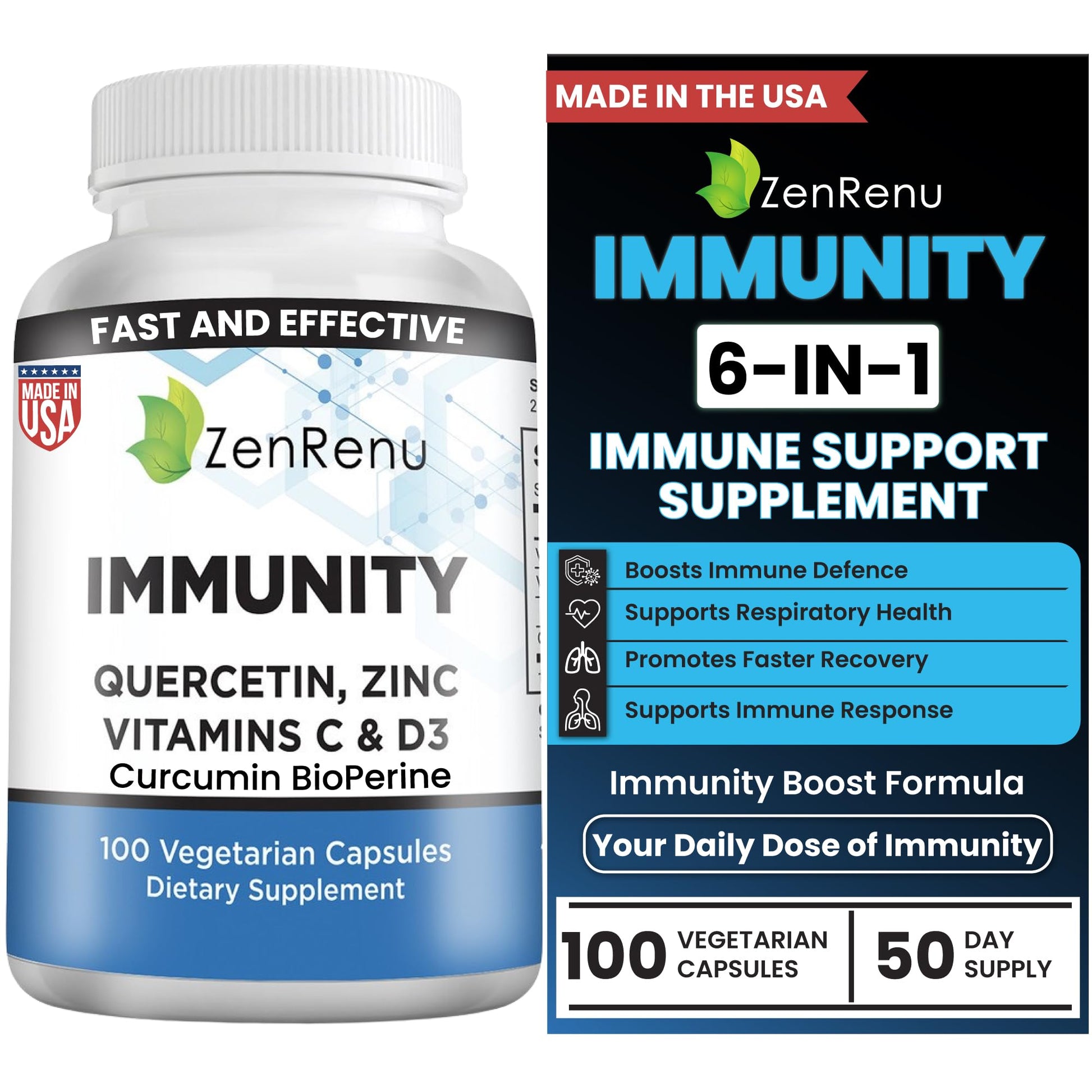 Zenrenu Immunity Quercetin 700 mg Zinc Vitamin C Vitamin D Immune Support Supplement with Curcumin - Easy to Absorb Immunity Supplement, 100 Vegetarian Capsules 50 Day Supply - dailyvitalstore