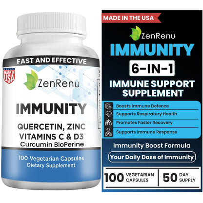 Zenrenu Immunity Quercetin 700 mg Zinc Vitamin C Vitamin D Immune Support Supplement with Curcumin - Easy to Absorb Immunity Supplement, 100 Vegetarian Capsules 50 Day Supply - dailyvitalstore