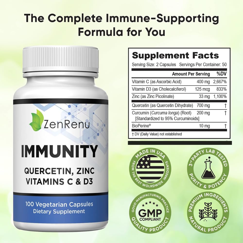 Zenrenu Immunity Quercetin 700 mg Zinc Vitamin C Vitamin D Immune Support Supplement with Curcumin - Easy to Absorb Immunity Supplement, 100 Vegetarian Capsules 50 Day Supply - dailyvitalstore