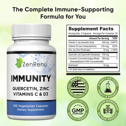Zenrenu Immunity Quercetin 700 mg Zinc Vitamin C Vitamin D Immune Support Supplement with Curcumin - Easy to Absorb Immunity Supplement, 100 Vegetarian Capsules 50 Day Supply - dailyvitalstore