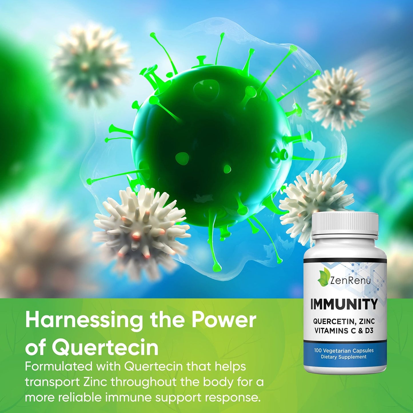Zenrenu Immunity Quercetin 700 mg Zinc Vitamin C Vitamin D Immune Support Supplement with Curcumin - Easy to Absorb Immunity Supplement, 100 Vegetarian Capsules 50 Day Supply - dailyvitalstore