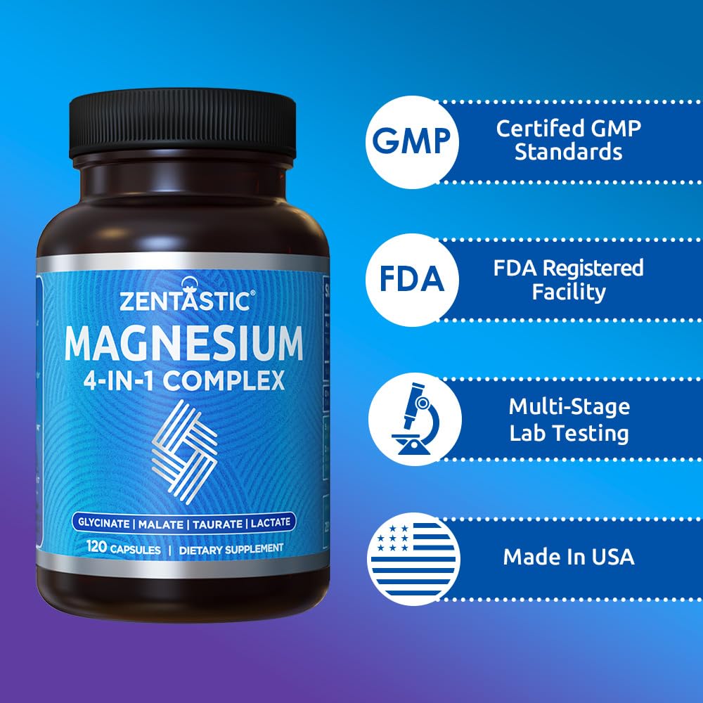 Zentastic Magnesium Complex 4-in-1 Supplement – Magnesium Glycinate, Malate, Taurate & Lactate – Chelated High Absorption for Nerves, Muscles, Bones & Immune Support – 120 Capsules - dailyvitalstore