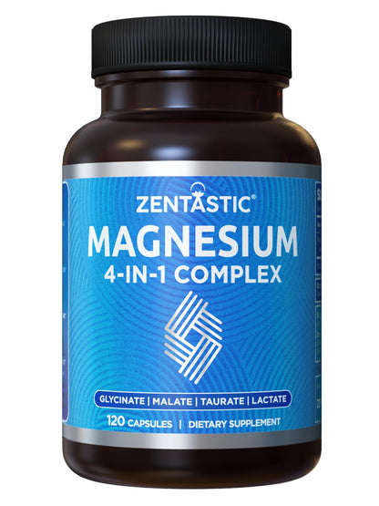 Zentastic Magnesium Complex 4-in-1 Supplement – Magnesium Glycinate, Malate, Taurate & Lactate – Chelated High Absorption for Nerves, Muscles, Bones & Immune Support – 120 Capsules - dailyvitalstore