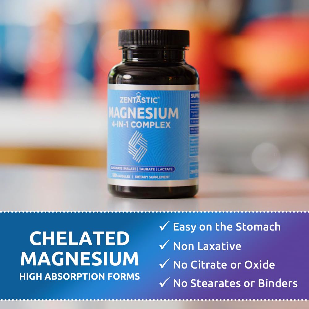 Zentastic Magnesium Complex 4-in-1 Supplement – Magnesium Glycinate, Malate, Taurate & Lactate – Chelated High Absorption for Nerves, Muscles, Bones & Immune Support – 120 Capsules - dailyvitalstore