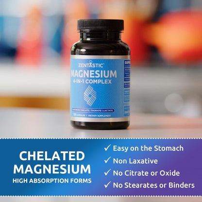 Zentastic Magnesium Complex 4-in-1 Supplement – Magnesium Glycinate, Malate, Taurate & Lactate – Chelated High Absorption for Nerves, Muscles, Bones & Immune Support – 120 Capsules - dailyvitalstore