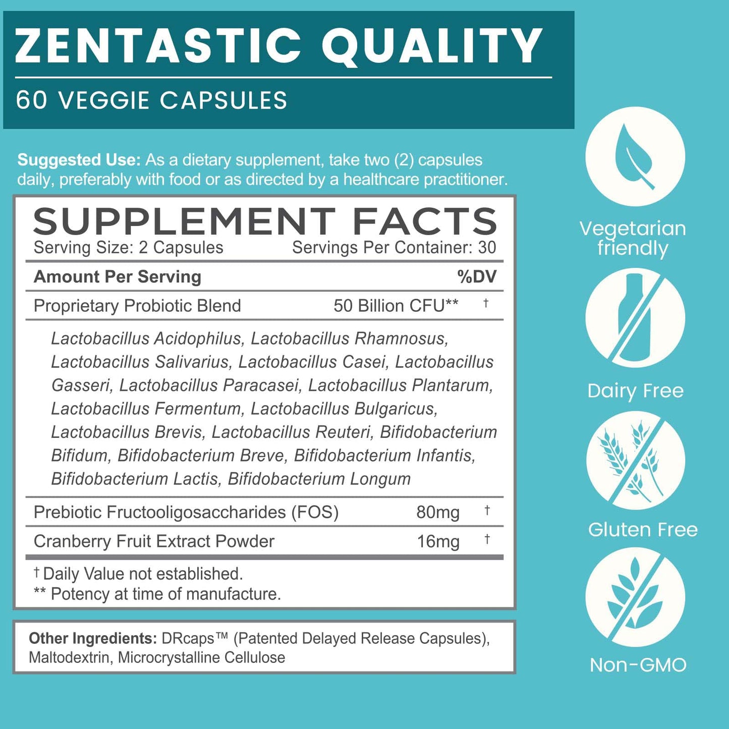 Zentastic Probiotics & Prebiotics Supplement - 50 Billion CFU - for Men & Women’s Immune & Digestive Health - 16 Strains - Shelf Stable - 180 Delayed Release Veggie Capsules - dailyvitalstore