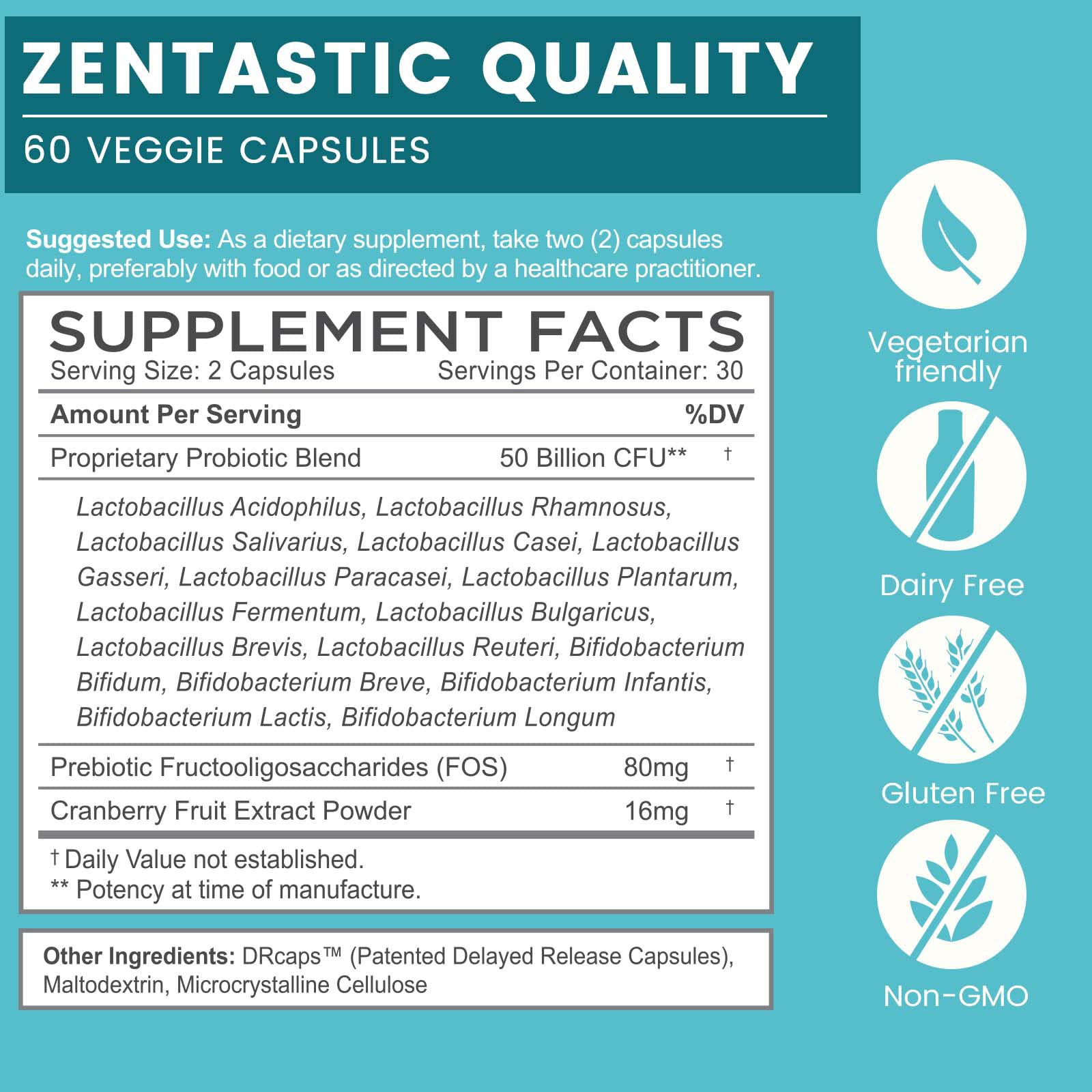 Zentastic Probiotics & Prebiotics Supplement - 50 Billion CFU - for Men & Women’s Immune & Digestive Health - 16 Strains - Shelf Stable - 180 Delayed Release Veggie Capsules - dailyvitalstore