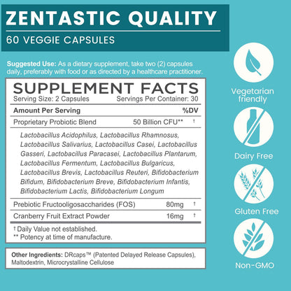 Zentastic Probiotics & Prebiotics Supplement - 50 Billion CFU - for Men & Women’s Immune & Digestive Health - 16 Strains - Shelf Stable - 180 Delayed Release Veggie Capsules - dailyvitalstore