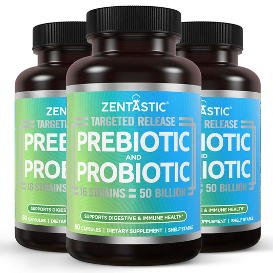 Zentastic Probiotics & Prebiotics Supplement - 50 Billion CFU - for Men & Women’s Immune & Digestive Health - 16 Strains - Shelf Stable - 180 Delayed Release Veggie Capsules - dailyvitalstore