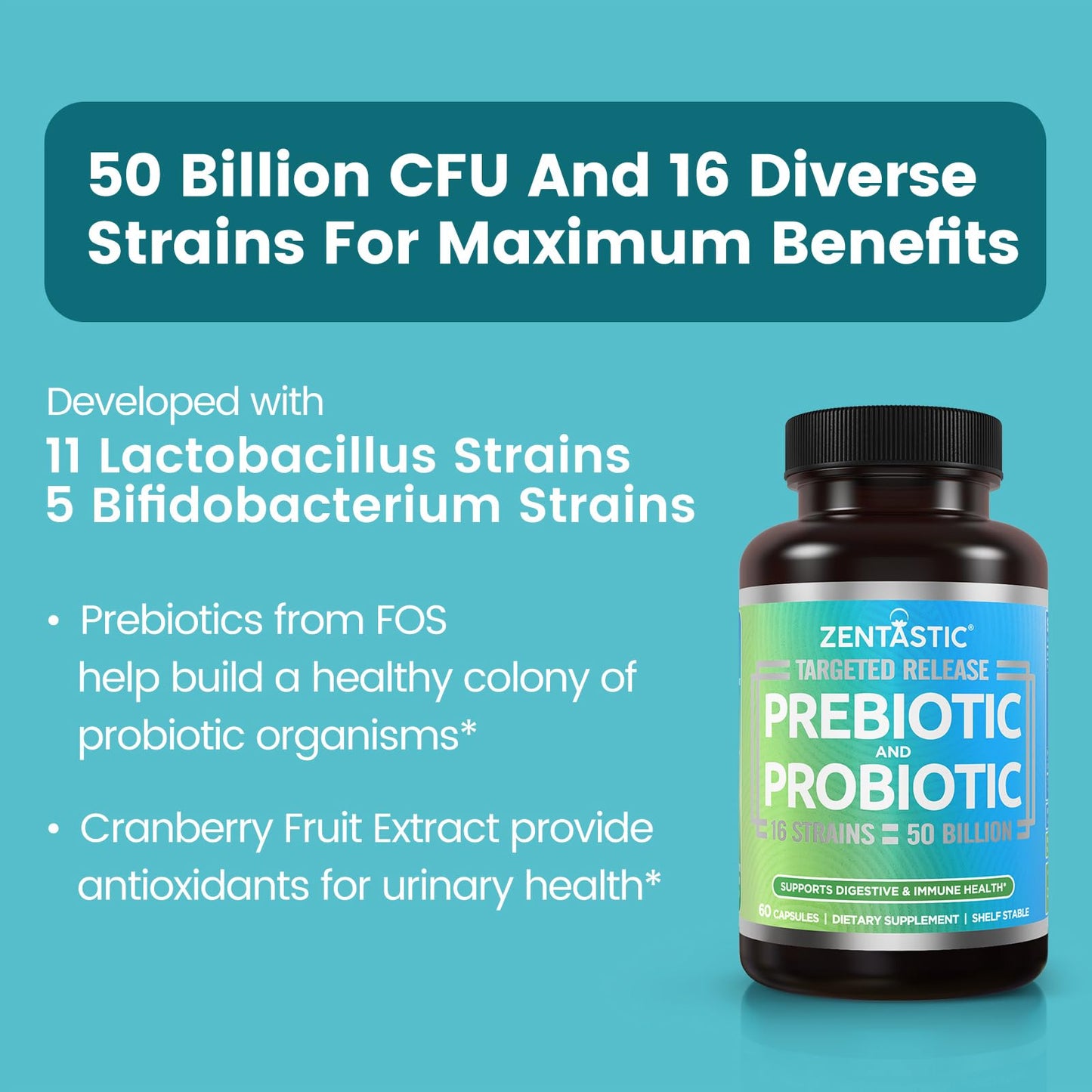 Zentastic Probiotics & Prebiotics Supplement - 50 Billion CFU - for Men & Women’s Immune & Digestive Health - 16 Strains - Shelf Stable - dailyvitalstore