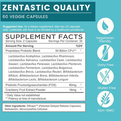 Zentastic Probiotics & Prebiotics Supplement - 50 Billion CFU - for Men & Women’s Immune & Digestive Health - 16 Strains - Shelf Stable - dailyvitalstore