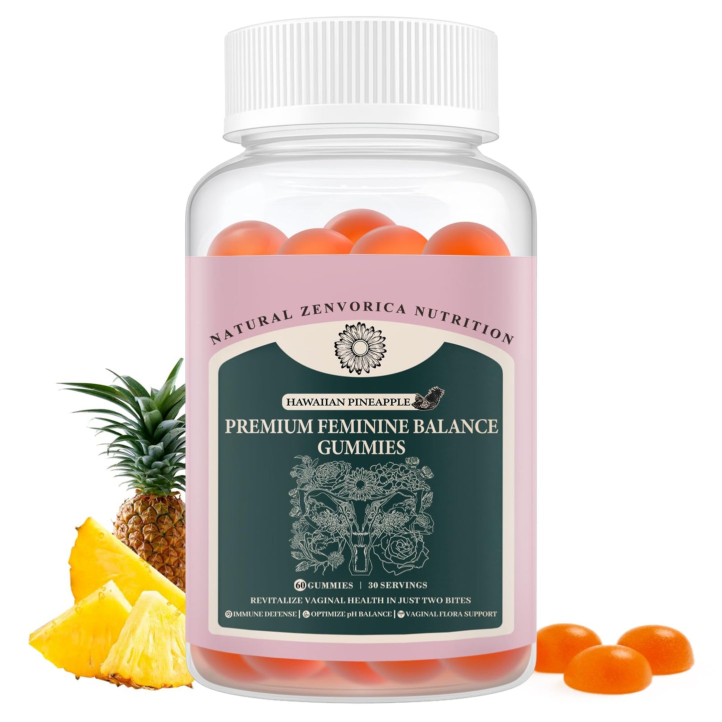 Zenvorica Premium Feminine Balance Gummies for Women - Hawaiian Pineapple pH Balance Probiotic Gummies for Odor and Flora Wellness, Immune Support, Vegan, 60 Count - dailyvitalstore