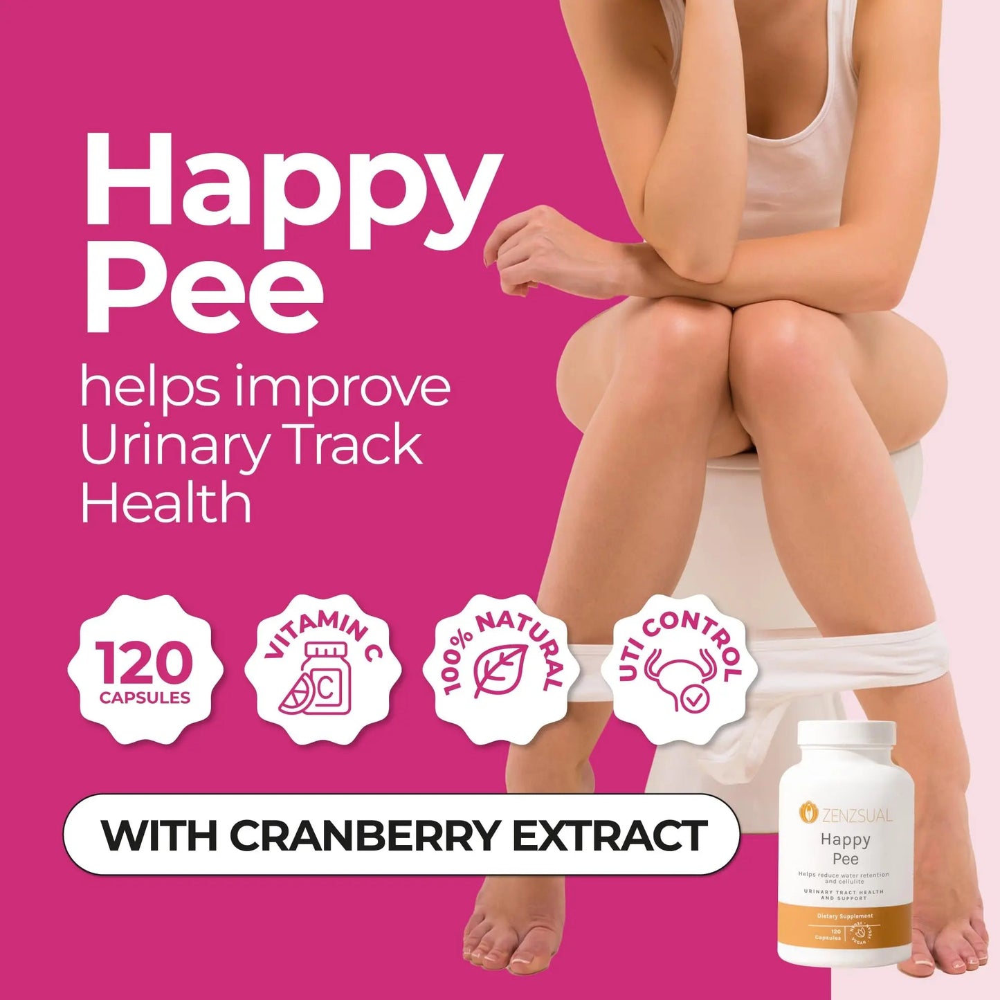ZENZSUAL Happy Pee, 120 Capsules – Urinary Tract Support & Bladder Health Supplement with Cranberry, D-Mannose, Vitamin C and Oregano for Women and Men – Healthy Flow, Comfort & Fluid Balance - dailyvitalstore